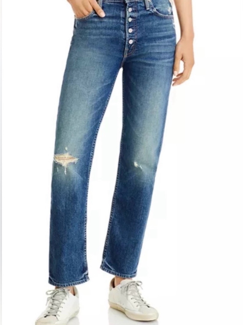 MOTHER Button-Fly Straight-Leg Jeans in Medium Blue